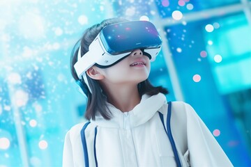 VRゴーグルをつけた日本人の子供のメタバースイメージ（メタバース・バーチャルリアリティ・教育）