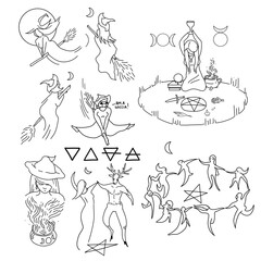 Fototapeta na wymiar Witches and Witchcraft Lineart Tattoo Design Set