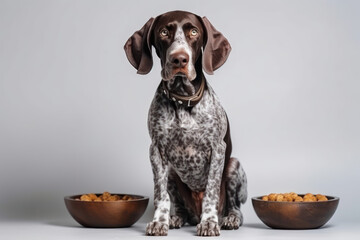 Full body of Happy Delighted Satisfied German shorthaired pointer dog enjoying a hearty dry meal, standing in front of bowl with dog food on plain white background. 