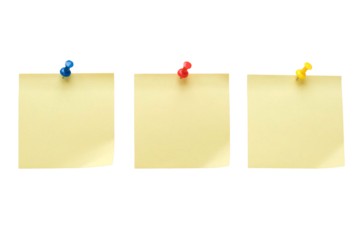 Three yellow pinned note paper. Blank stickers for notes with place for your text on a transparent background