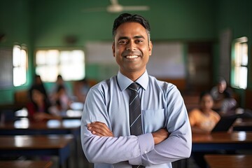 Portrait of smiling middle aged male Indian teacher in a class at elementary school looking at camera with learning students on background. - Powered by Adobe