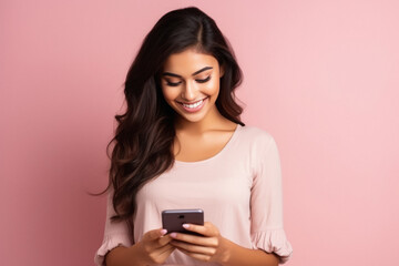 Young woman giving happy expression after looking in smartphone
