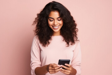 Fototapeta premium Young woman giving happy expression after looking in smartphone