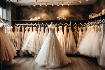 Many white wedding dresses hang on hangers in a bridal shop