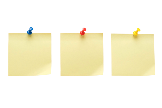 Three yellow pinned note paper. Blank stickers for notes with place for your text on a transparent background