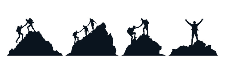 Helping friend reach the mountain top silhouette. Teamwork, together, success, victory, goal, achievement. Vector illustration concept