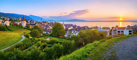 Panoramic view of Zug city and lake, Switzerland - 647164487