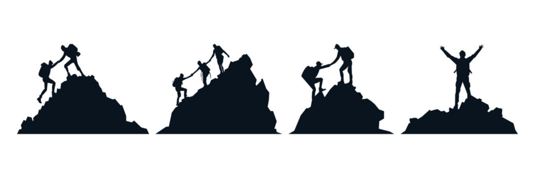 Helping Friend Reach The Mountain Top Silhouette. Teamwork, Together, Success, Victory, Goal, Achievement. Vector Illustration Concept
