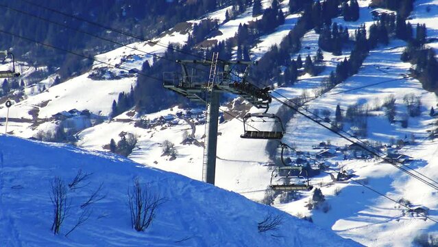 The Megeve nacelle in the Mont Blanc massif in Europe, in France, in Rhone Alpes, in Savoie, in the Alps, in winter, on a sunny day. 