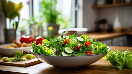 Full bowl of fresh green salad close up on a light table against a dark background on a rustic kitchen. Concept helpful and simple food