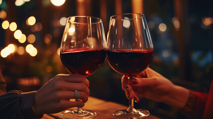 Close up of young couple toasting with glasses of red whine