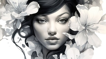watercolor illustration of a woman's face with magnolia flowers on her eyes, in the style of black and white portraits