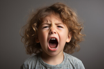 a closeup of a cute little baby girl child crying and screaming isolated on dark background