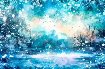 Snowy Watercolor Background in Shades of Blue and White