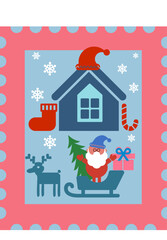 Vector Postcard, postage stamp about the New Year, house, Santa Claus