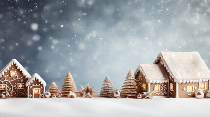 Christmas background with gingerbread houses banner - obrazy, fototapety, plakaty