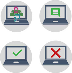Open notepad, laptop, mobile computer icons set, colorful flat design vector illustrations in 4 options done, cancel, message, mermaid on sofa