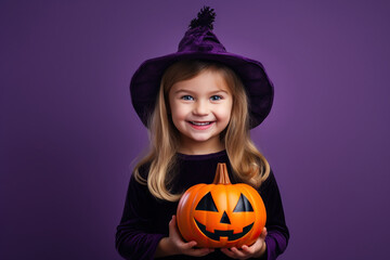 a Cute little witch with a pumpkin on color pink background