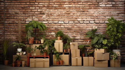 cardboard boxes houseplants and other things over brick