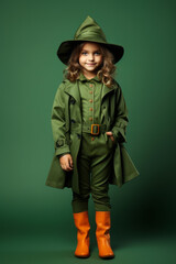Fototapeta premium Child in Halloween costume on color green background full height