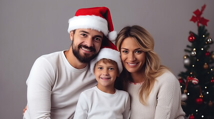 couple with their son wearing white sweatshirt with Santa hat. Celebrating Christmas.