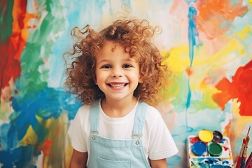 Curly cute little toddler girl painting with paints color and brush on the wall. Works of child