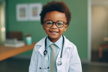 Cute small African American kid boy wear medical uniform - Powered by Adobe