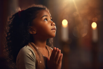 Cute small African American girl praying in the church and Jesus giving blessing