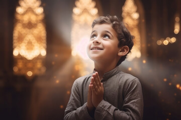 Cute little Muslim boy praying in the mosque and Allah giving blessing - obrazy, fototapety, plakaty