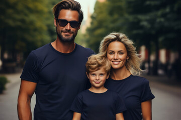 dad and mam and two kids wearing blank navy blue tshirt