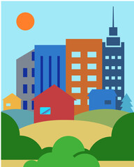 City silhouette, houses, trees color vector