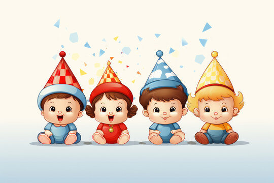 Cute babies wearing a colorful party hats for birthday surprise