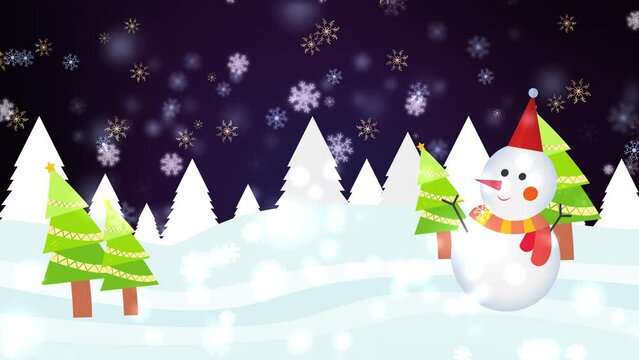 Merry christmas with snowflakes motion decoration and snowman in winter falling snow background.