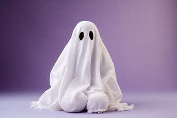 Little cute child with white dressed costume Halloween ghost scary, studio shot isolated on purple background