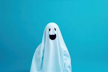 Little cute child with white dressed costume Halloween ghost scary, studio shot isolated on blue background
