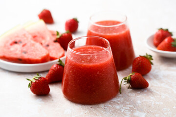 Refreshing watermelon drink with fresh strawberry
