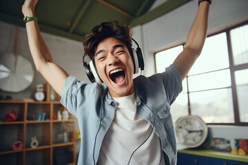 Happy funny gen z Asian teen guy wearing headphones dancing at home