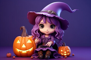 Happy Halloween! Cute little witch with a pumpkin on violet background
