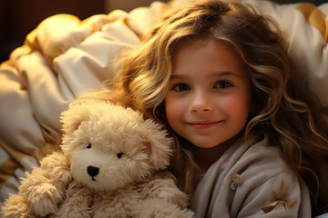 Little girl hugging with his toy laying in a bed