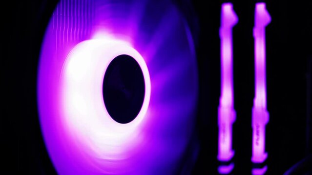 Dnieper. Ukraine 11.05.2023: Computer fan. DDR4. Modern case cooling system. Installation of HTPC, Hackintosh PC and Gaming PC with liquid cooling system and full ARGB lighting inside