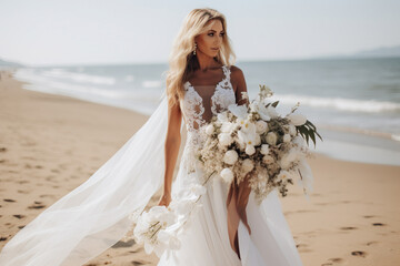 Fototapeta na wymiar The bride with a bouquet of flowers. Modern wedding on the beach.
