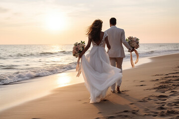 The bride and groom walk along the beach at sunset. Modern wedding on the beach