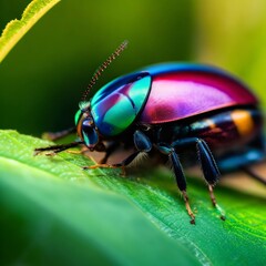 Illustration of a macro shot of a colourful and beautiful insect hanging in a green leaf.