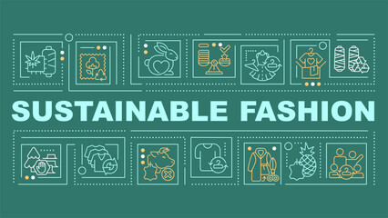 Sustainable fashion text with various thin line icons concept on dark green monochromatic background, editable 2D vector illustration.