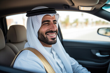 Cheerful Middle Eastern Man Driving Car