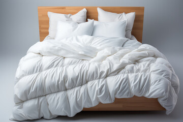 Bed covered with all white duvets and pillows, isolated on white background