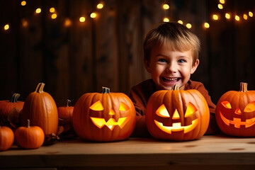 Fototapeta premium Portrait of cute kid boy making Halloween home decorations while sitting at wooden table