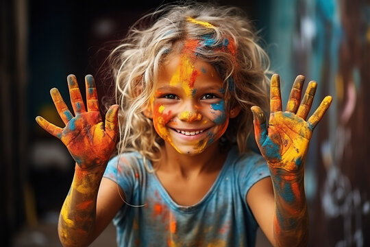 portrait of a funny child girl shows hands dirty with paint