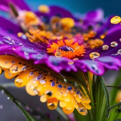 Beautiful Illustration of a macro shot of colourful flowers and water drops while raining