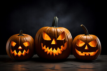 Three jack o lanterns on black background